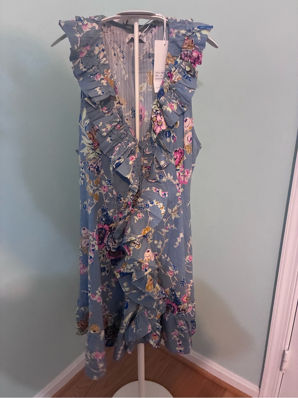 Caroline Constas Light Blue Floral Kylah Print Dress Ruffled NWT